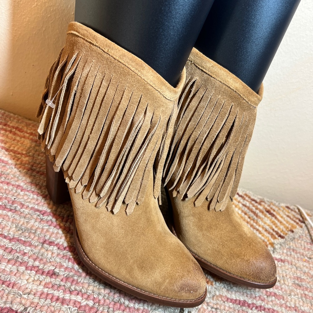 Frye Tan Fringe Suede Ankle Booties